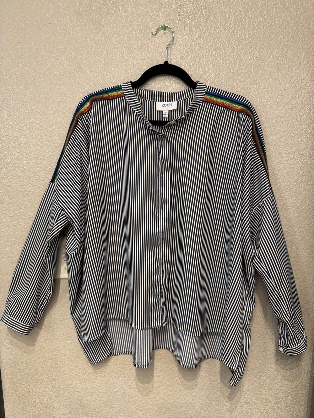 KOCH Rainbow Stripe Trim Pinstripe Oversized Blouse XS Made in USA
